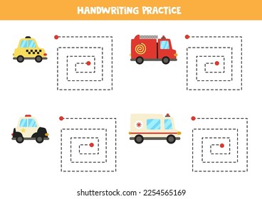 Tracing lines for kids. Transportation means. Handwriting practice for children.