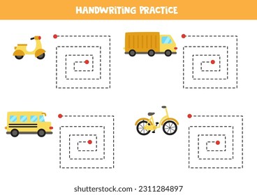 Tracing lines for kids. Transportation means. Handwriting practice for children.