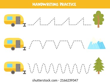 Tracing lines for kids with traveling caravan. Handwriting practice.