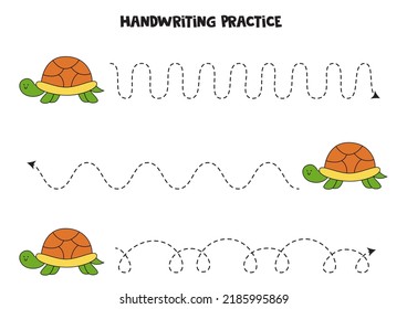 Tracing lines for kids with turtle. Handwriting practice.