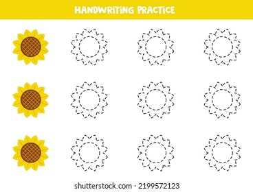 Tracing lines for kids with vector sun flower. Handwriting practice.