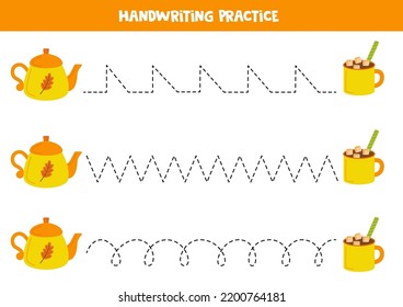 Tracing lines for kids with vector tea pot and cocoa. Handwriting practice.
