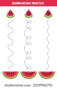 Tracing lines for kids. Watermelon slices with seeds. Handwriting practice.