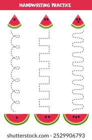 Tracing lines for kids. Watermelon slices with seeds. Handwriting practice.