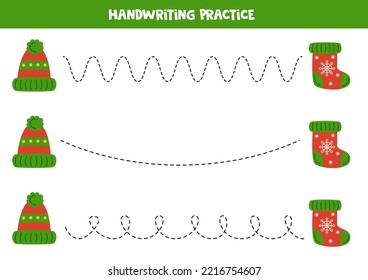Tracing lines for kids with winter cap and stocking. Handwriting practice.