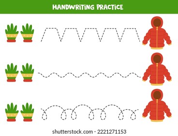 Trainingslinien für Kinder mit Winterjacke und Handschuhen. Handschriftübungen.