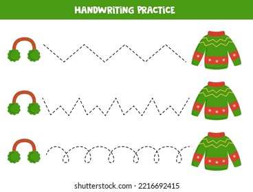 Tracing lines for kids with winter sweater and headphones. Handwriting practice.