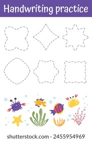 Tracing lines and learning shapes educational worksheet for children. Cute shapes handwriting set for kids. Shapes chart for homeschooling, preschool. Learning activities, games, teacher resources.