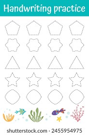 Tracing lines and learning shapes educational worksheet for children. Cute shapes handwriting set for kids. Shapes chart for homeschooling, preschool. Learning activities, games, teacher resources.