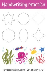 Tracing lines and learning shapes educational worksheet for children. Cute shapes handwriting set for kids. Shapes chart for homeschooling, preschool. Learning activities, games, teacher resources.