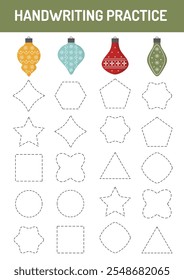 Tracing lines and learning shapes educational worksheet for children. Cute shapes handwriting for kids. Christmas educational learning activities, games for homeschooling, preschool teacher resources.