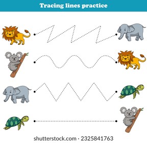 Tracing Lines lion koala elephant turtle. Educational games. Worksheet activity for preschool kids. Vector illustration