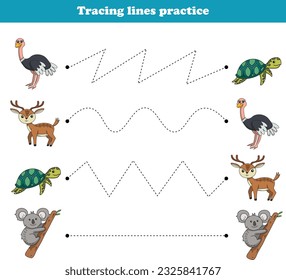 Seguimiento de la tortuga de avestruz koala de las líneas de avestruz. Juegos educativos. Actividad de hoja de trabajo para niños preescolares. Ilustración vectorial.