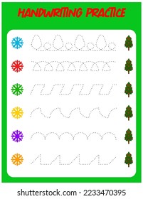 Tracing lines with snowflake and christmas tree. Handwriting practice for children.Practicing fine motor skills. Educational game for preschool kids. Vector illustration.