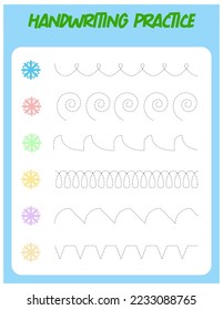 Tracing lines with snowflake. Handwriting practice for children.Practicing fine motor skills. Educational game for preschool kids. Vector illustration