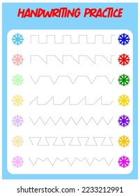 Tracing lines with snowflake. Handwriting practice for children.Practicing fine motor skills. Educational game for preschool kids. Vector illustration