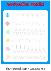 Tracing lines with snowflake. Handwriting practice for children.Practicing fine motor skills. Educational game for preschool kids. Vector illustration
