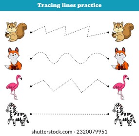 Rastreo de lineas ardilla zorro flamingo cebra. Juegos educativos. Actividad de hoja de trabajo para niños preescolares. Ilustración del vector