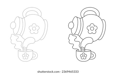 Tracing lines for toddlers. Handwriting practice sheet. Educational children game, printable worksheet for kids with Tea Pot