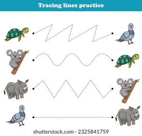 Tracing Lines turtle koala rhino dove. Educational games. Worksheet activity for preschool kids. Vector illustration.
