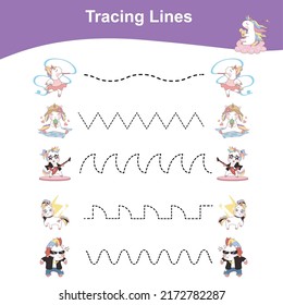Tracing Lines Unicorn Edition. Educational worksheet. Worksheet activity for preschool kids. Vector illustration.
