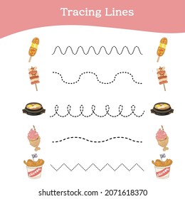 Lines-Arbeitsblattspiel nachvollziehen. Lehrblatt. Arbeitsblatt mit koreanischem Snack-Thema. Koreanisches Imbiss-Zeichnen. Vektorgrafik. 