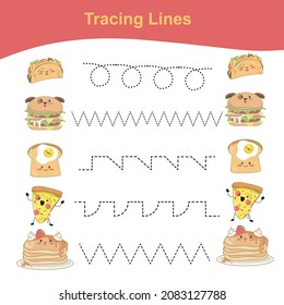 Tracing Lines worksheet game. Food Tracing Lines Worksheet. Cute kawaii foods tracing lines worksheet edition. Printable worksheet. Vector illustration.