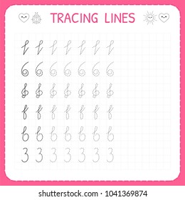 Tracing lines. Worksheet for kids. Trace the pattern. Basic writing. Preschool or kindergarten worksheets. Working pages for children. Vector illustration