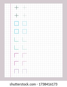Tracing lines. Worksheet for kids. Trace the pattern. Basic writing. Working pages for children. Preschool or kindergarten worksheets. Vector illustration