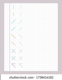 Tracing lines. Worksheet for kids. Trace the pattern. Basic writing. Working pages for children. Preschool or kindergarten worksheets. Vector illustration