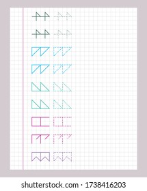 Tracing lines. Worksheet for kids. Trace the pattern. Basic writing. Working pages for children. Preschool or kindergarten worksheets. Vector illustration