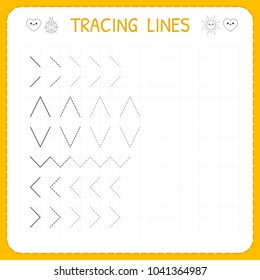 Tracing Lines. Worksheet For Kids. Working Pages For Children. Preschool Or Kindergarten Worksheets. Basic Writing. Trace The Pattern. Vector Illustration