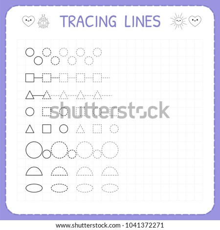 Tracing lines. Worksheet for kids. Working pages for children. Trace the pattern. Basic writing. Preschool or kindergarten worksheets. Vector illustration