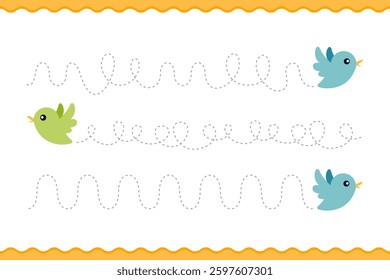 Tracing lines worksheet for kids. Writing training page with cute birds. Handwriting training educational game and activity for preschool and kindergarten