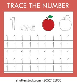 Tracing lnumber  game with  apple.  Worksheet for preschool kids, kids activity sheet, printable worksheet