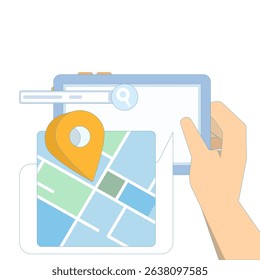 Tracing Location campaign concept. Route planning, location tracking. City travel navigation. Navigation on the map. Map device with GPS pins. Flat vector design illustration on the background.