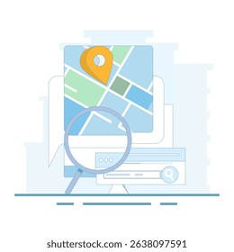 Tracing Location campaign concept. Route planning, location tracking. City travel navigation. Navigation on the map. Map device with GPS pins. Flat vector design illustration on the background.