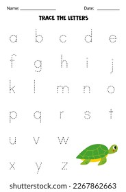 Tracing lowercase letters of alphabet. Worksheet with cute green turtle.