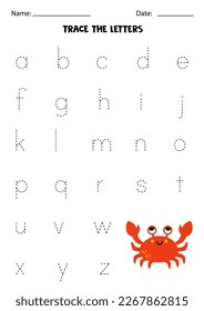 Tracing lowercase letters of alphabet. Worksheet with cute red crab.