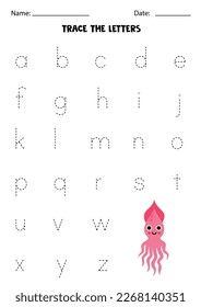 Nachverfolgung von Kleinbuchstaben des Alphabets. Arbeitsblatt mit süßem rosa Kalmar.