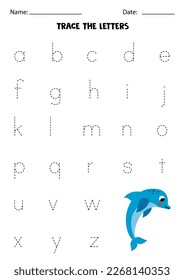 Tracing lowercase letters of alphabet. Worksheet with cute blue dolphin.