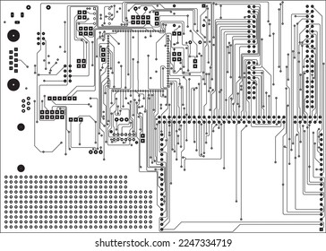 Tracing a multilayer printed circuit board. The bottom layer of printed conductors.
Vector drawing of printed tracks, transition holes and
copper contact pads.