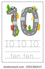 Hoja de trabajo Número de seguimiento 10. Números de carretera. Juego de niños. Aprendiendo números. Ilustración vectorial.