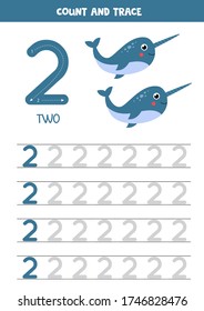 Tracing number 2. Handwriting practice for kids with two cartoon narwhals. Learning to count and to write. Math game for preschool and school children.