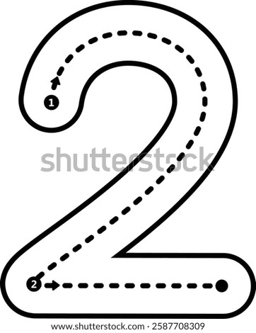 Tracing number 2 prewriting dotted line math worksheet element for kindergarten and preschool kids for handwriting practice activity 