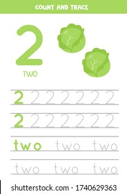 Tracing number 2 and the word two. Handwriting practice for kids with two cartoon cabbages. Learning to count and to write. Math game for preschool and school children.