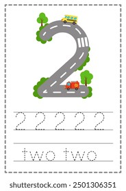 Tracing Number 2 worksheet. Road numbers. Children game. Learning numerals. Vector illustration.