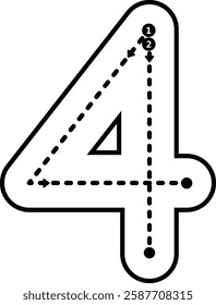 Tracing number 4 prewriting dotted line math worksheet element for kindergarten and preschool kids for handwriting practice activity 
