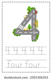 Hoja de cálculo de seguimiento número 4. Números de carretera. Juego de niños. Aprendiendo números. Ilustración vectorial.