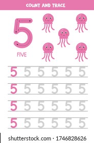 Tracing number 5. Handwriting practice for kids with cartoon jelly fish. Learning to count and to write. Math game for preschool and school children.